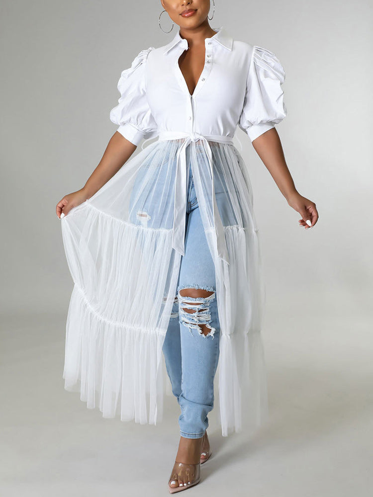 Long Sleeve Mesh Shirt Dresses with Belt