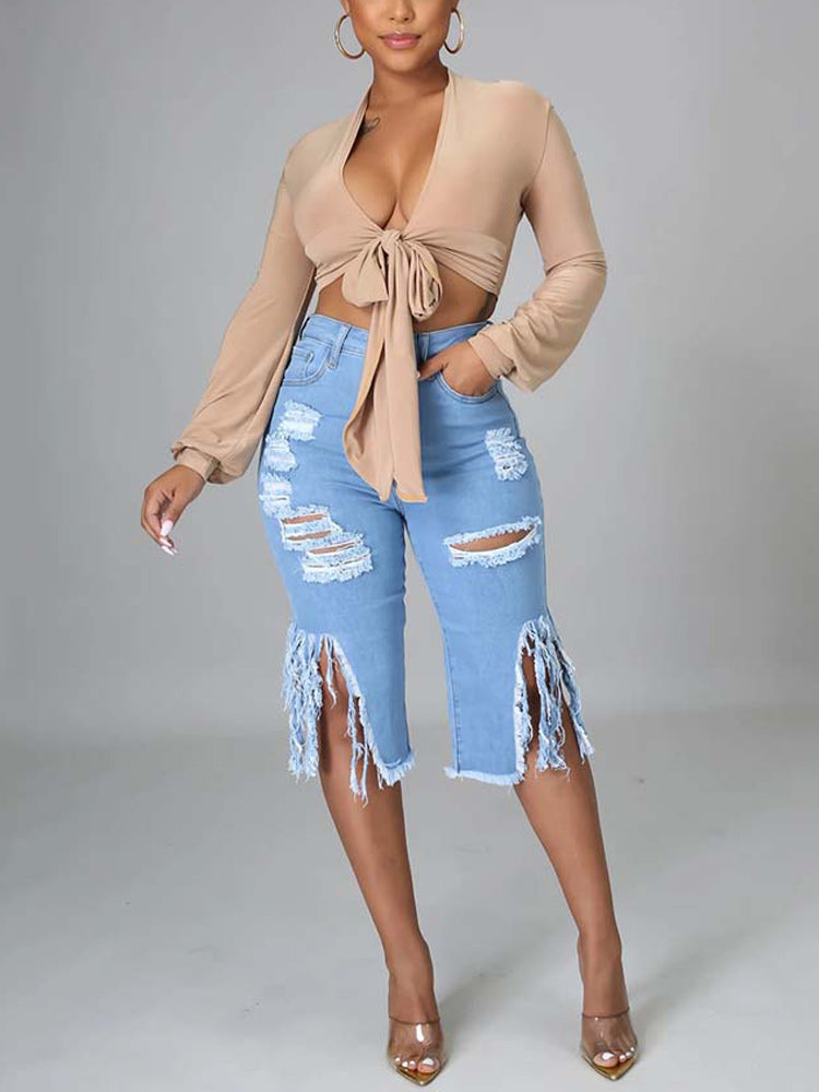 Tassel Ripped Bermuda Jeans