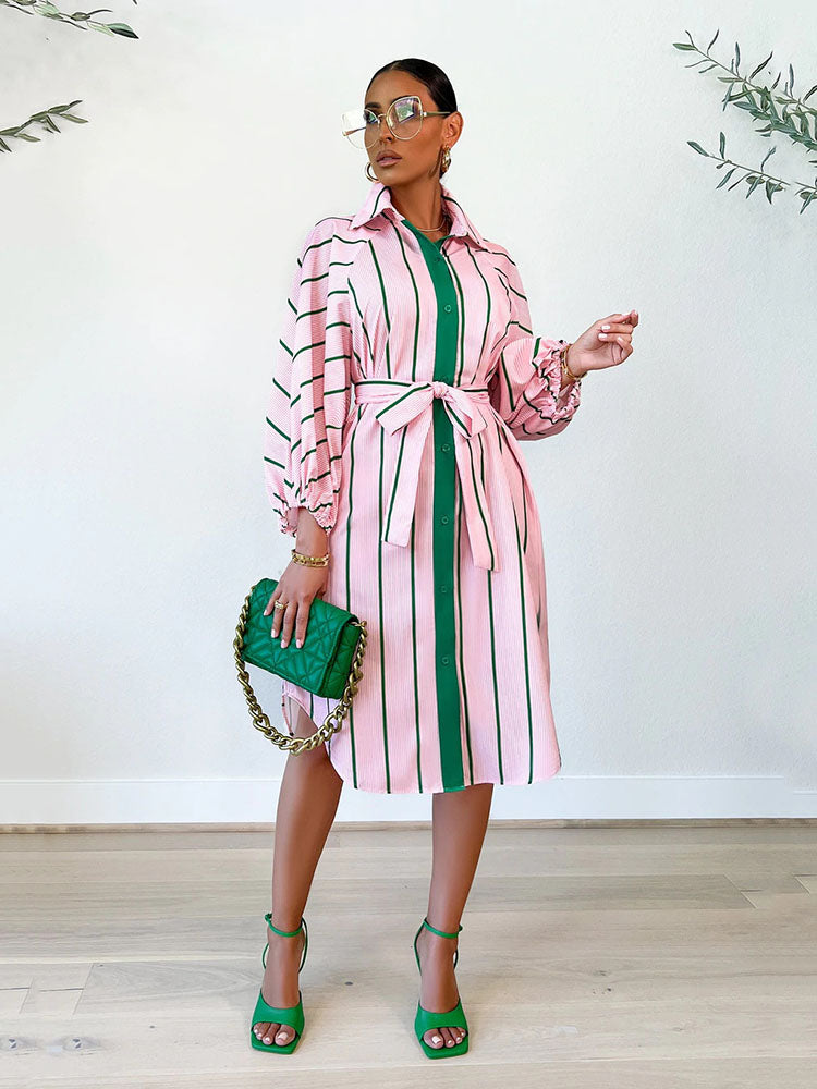 Striped Print Shirt Dresses With Belt