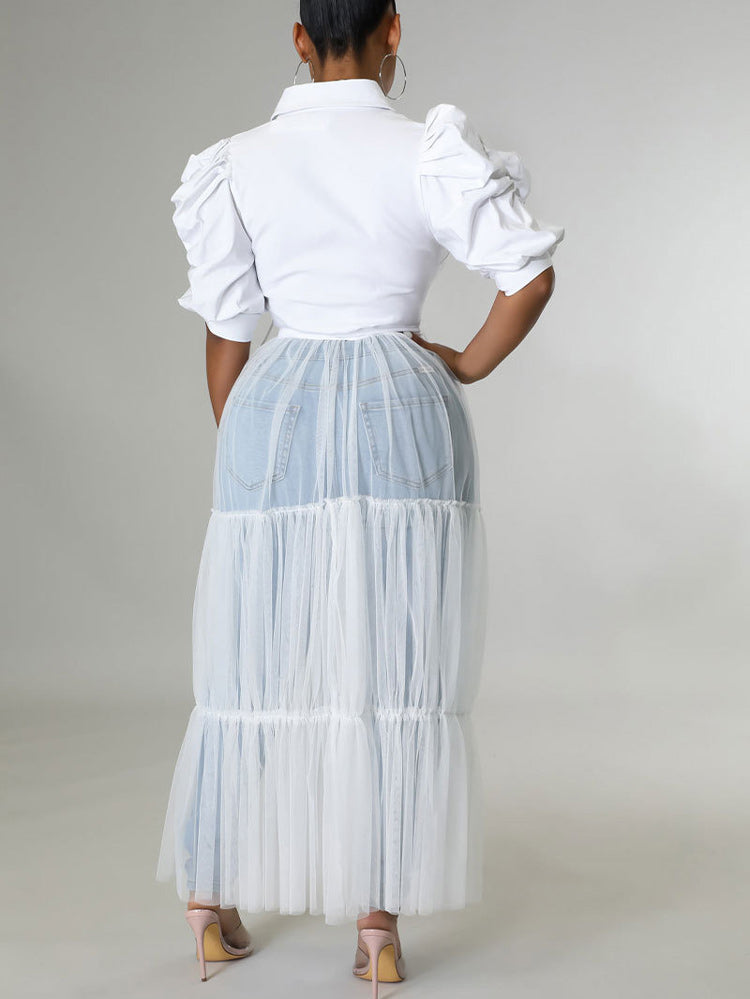 Long Sleeve Mesh Shirt Dresses with Belt