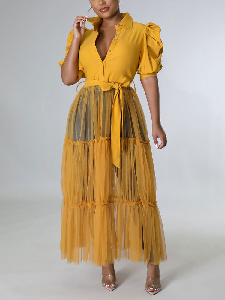 Long Sleeve Mesh Shirt Dresses with Belt