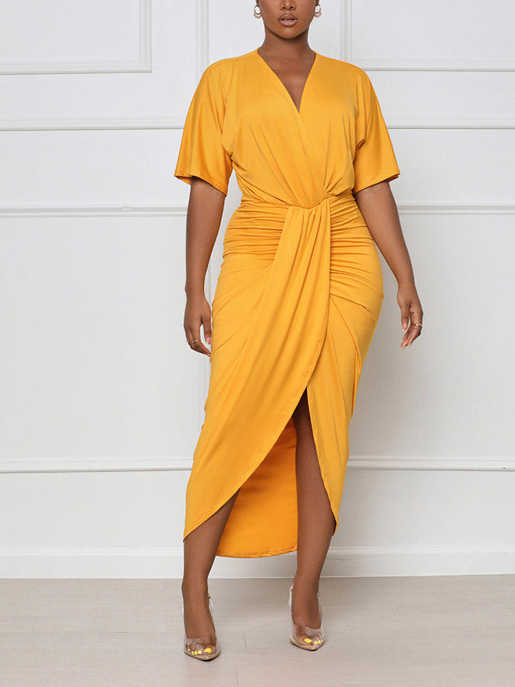 V Neck Ruched Wrap Slit Dresses