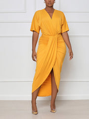 V Neck Ruched Wrap Slit Dresses