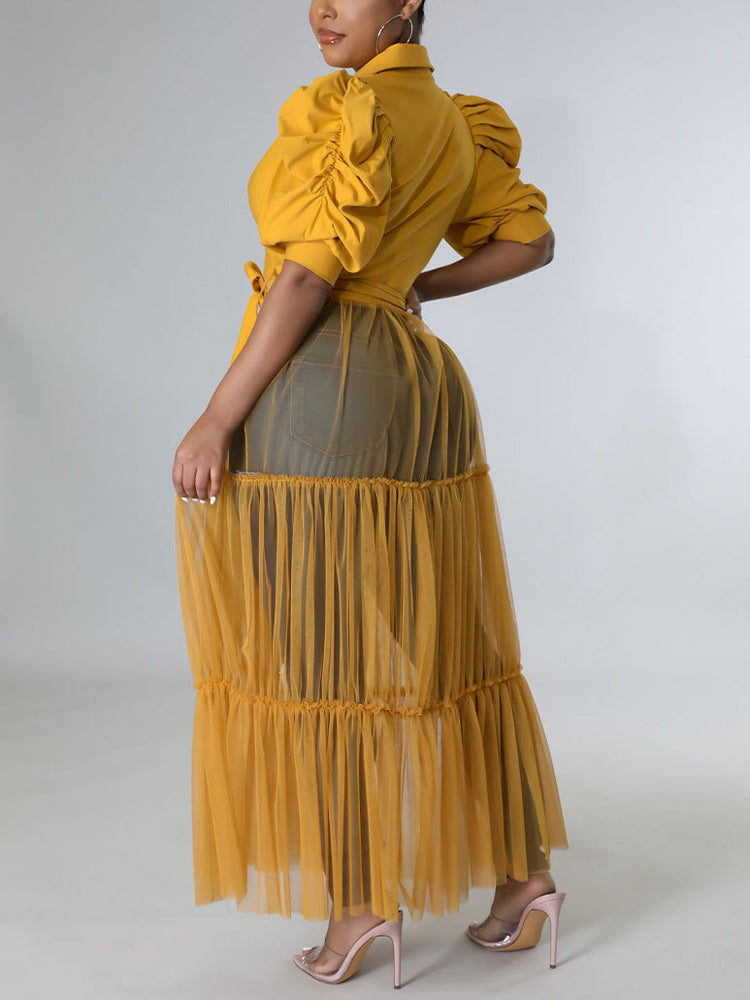 Long Sleeve Mesh Shirt Dresses with Belt