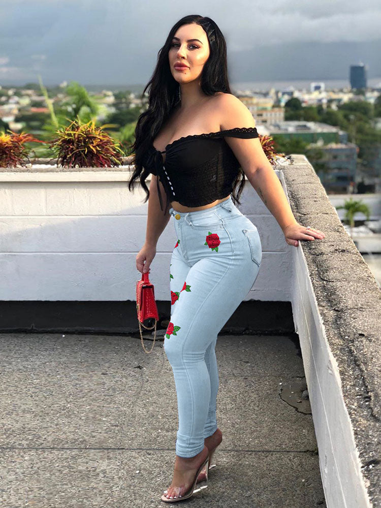 Rose Print High Waist Jeans