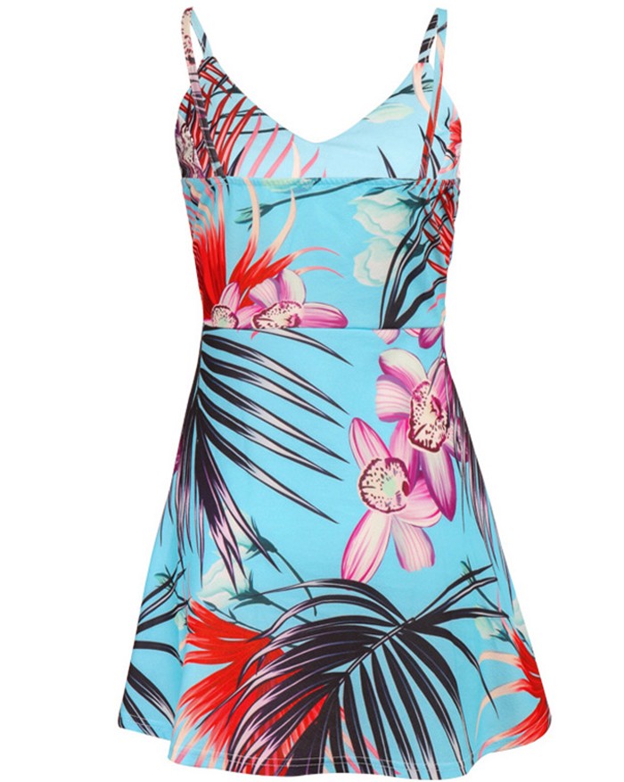 V-Neck Strapless Sleeveless Backless Bandage Print Mini Dresses