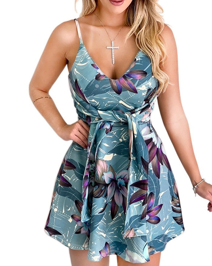 V-Neck Strapless Sleeveless Backless Bandage Print Mini Dresses