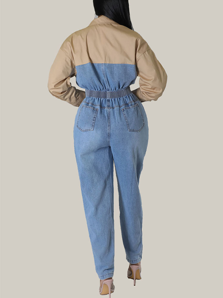 Denim Patchwork Color Block Jumpsuit