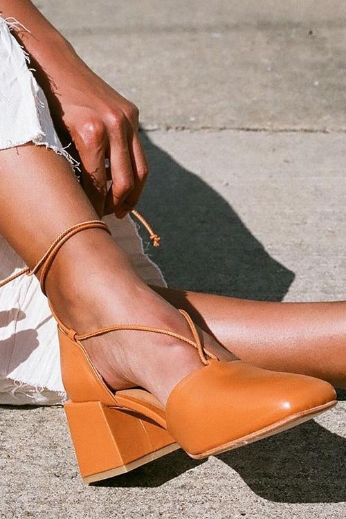 Square Toe Lace Up Thick Heel Pumps