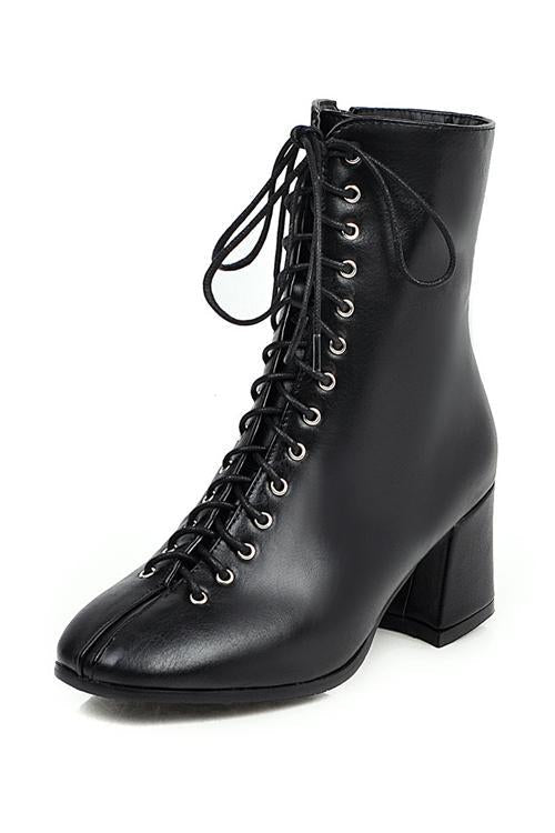 Square Toe Mid Heels Lace Up Boots
