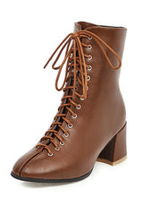 Square Toe Mid Heels Lace Up Boots