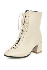 Square Toe Mid Heels Lace Up Boots
