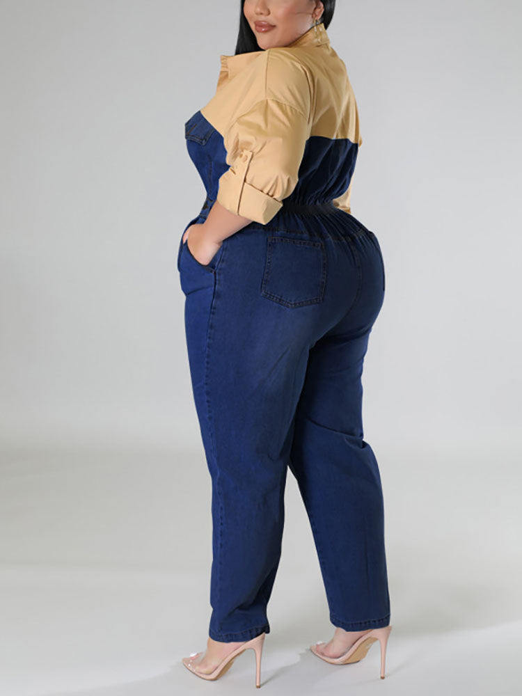 Denim Patchwork Color Block Jumpsuit