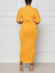 V Neck Ruched Wrap Slit Dresses