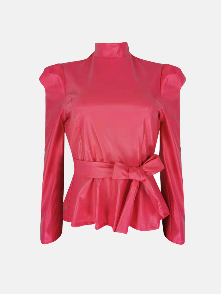PU High Collar Belt Top