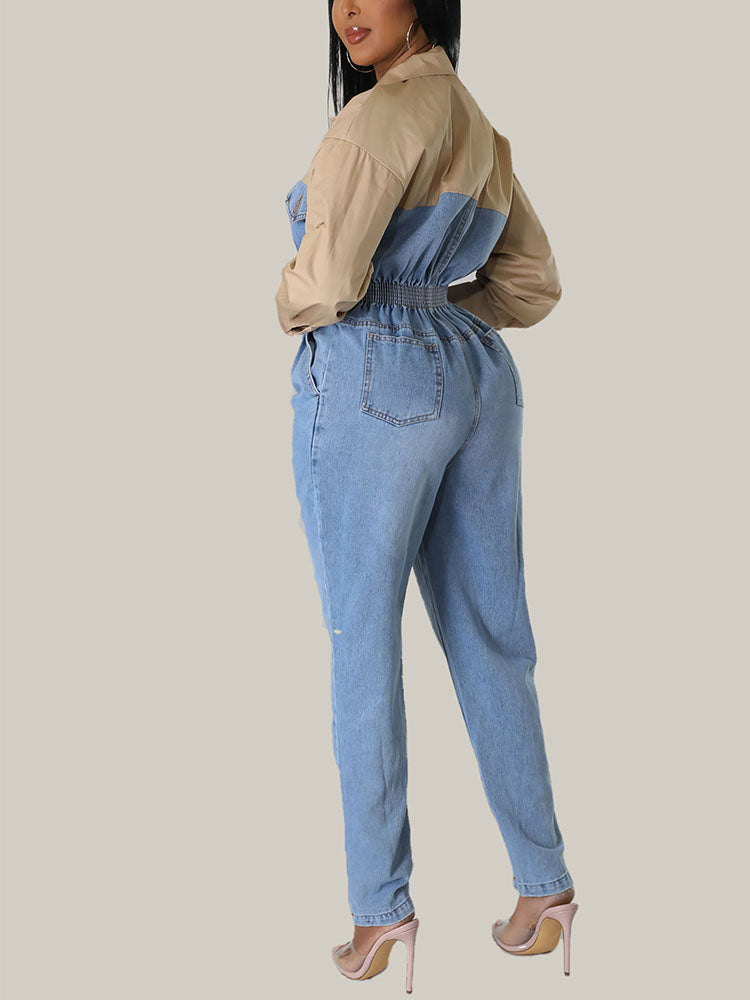 Denim Patchwork Color Block Jumpsuit