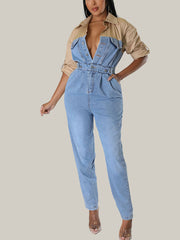 Denim Patchwork Color Block Jumpsuit
