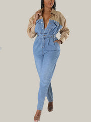 Denim Patchwork Color Block Jumpsuit