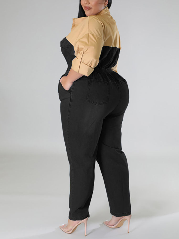 Denim Patchwork Color Block Jumpsuit