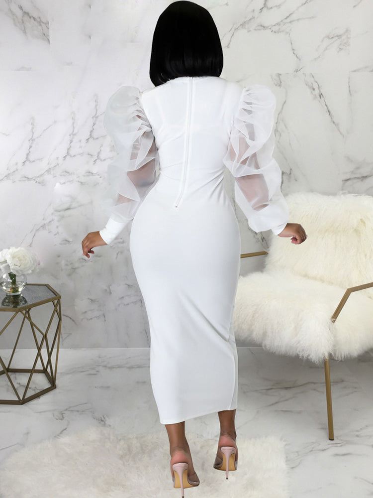 Puff Mesh Sleeve Midi Dresses
