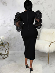 Puff Mesh Sleeve Midi Dresses