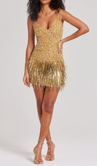 GOLDENES MINIKLEID MIT QUASTEN UND PAILLETTEN