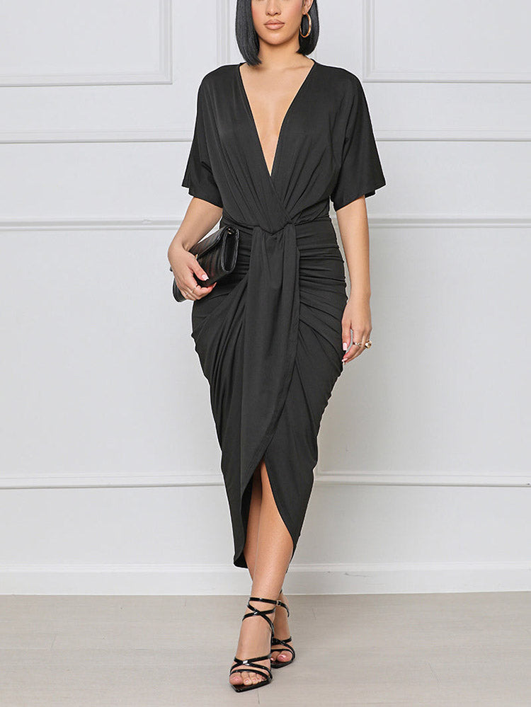 V Neck Ruched Wrap Slit Dresses