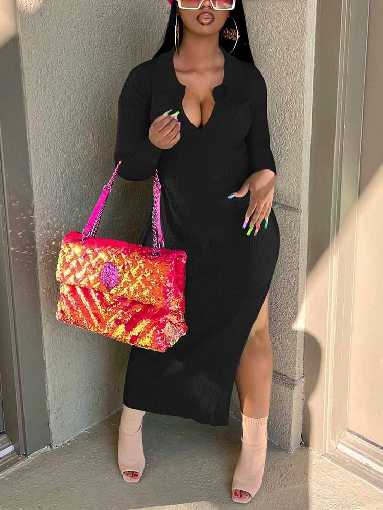 Ribbed Slit Bodycon Midi Dresses
