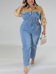 Denim Patchwork Color Block Jumpsuit