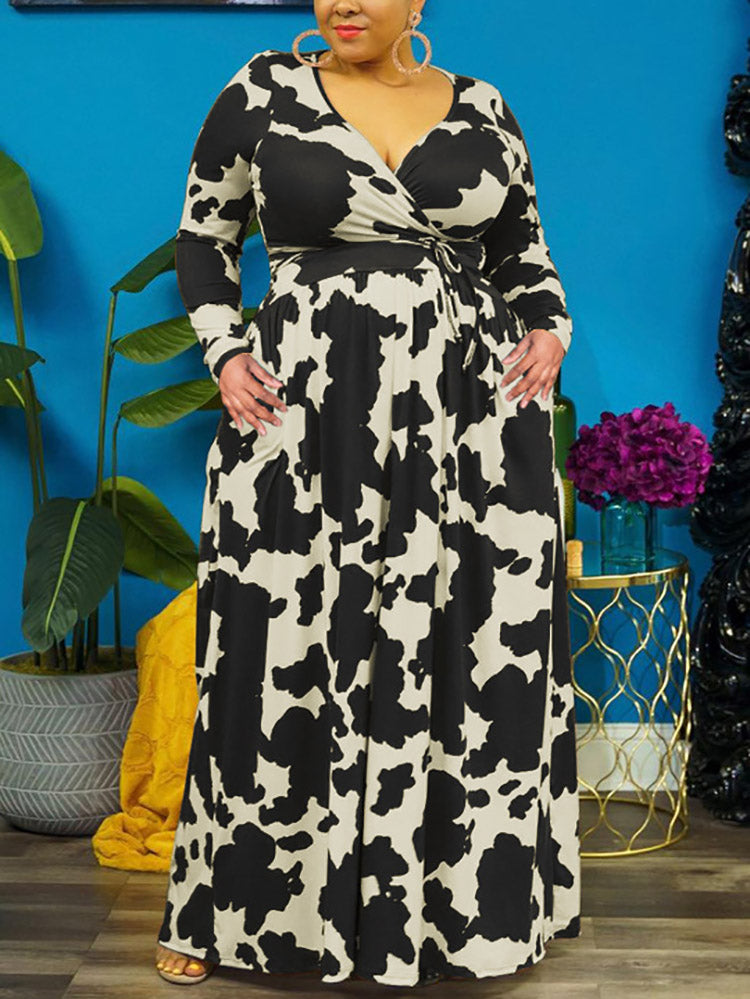 Cow Print V Neck Wrap Dresses