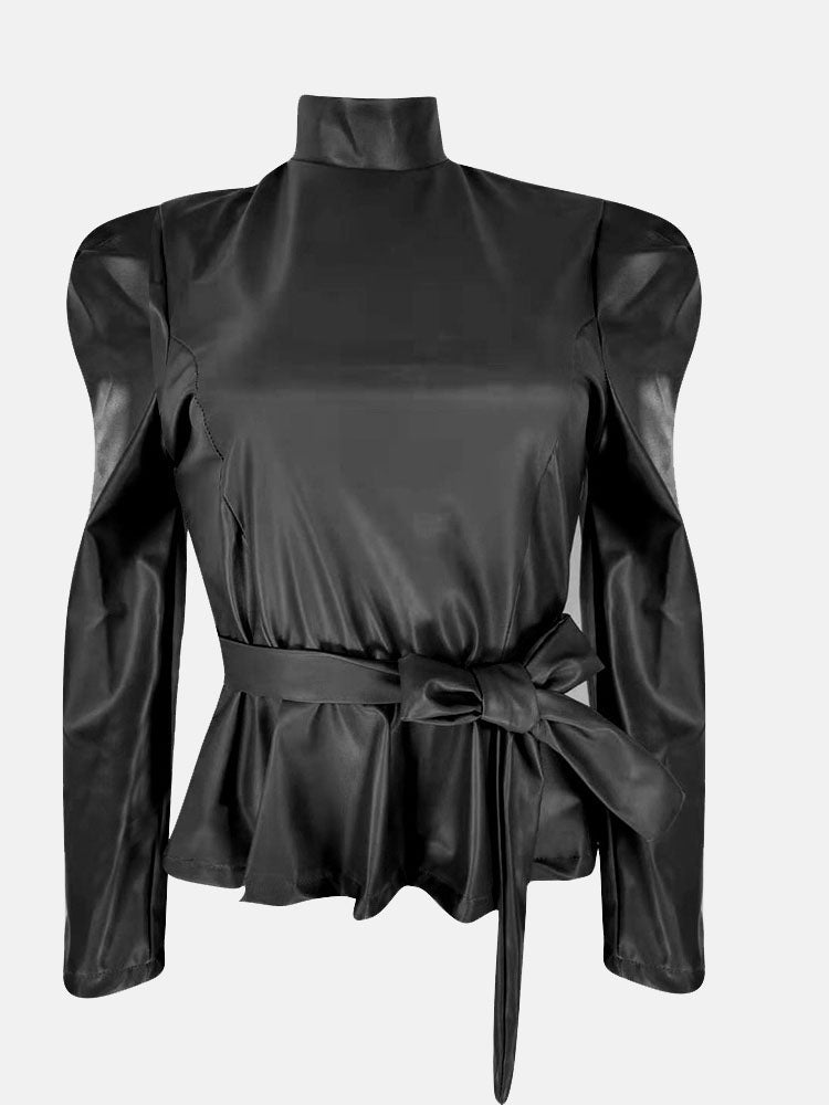 PU High Collar Belt Top