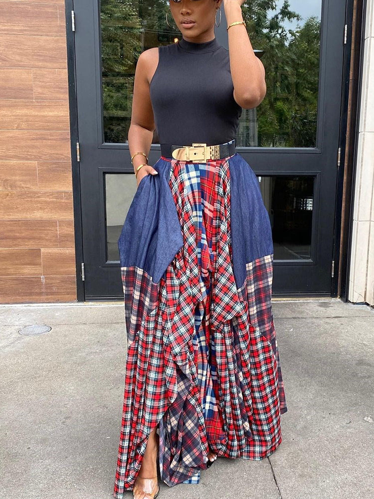 Splicing Print Plaid Loose Skirt