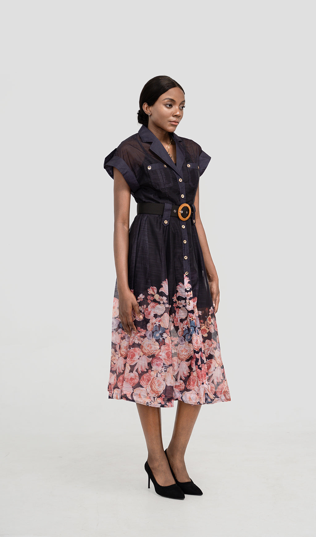 FORESTA FLORAL BLACK MIDI DRESS