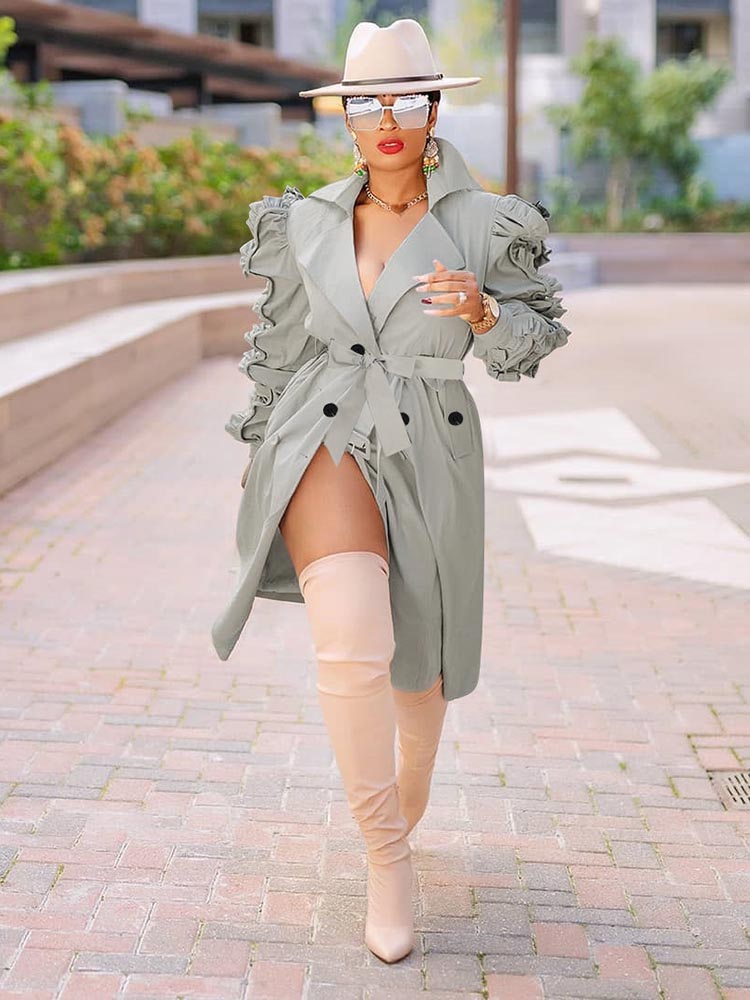 Solid Flounce Turndown Collar Coat