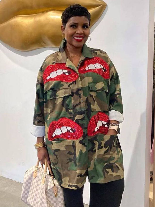 Camo Sequin Red Lip Jacket Coat