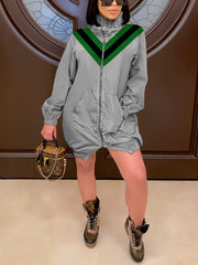 V Patchwork Zipper Up Coat