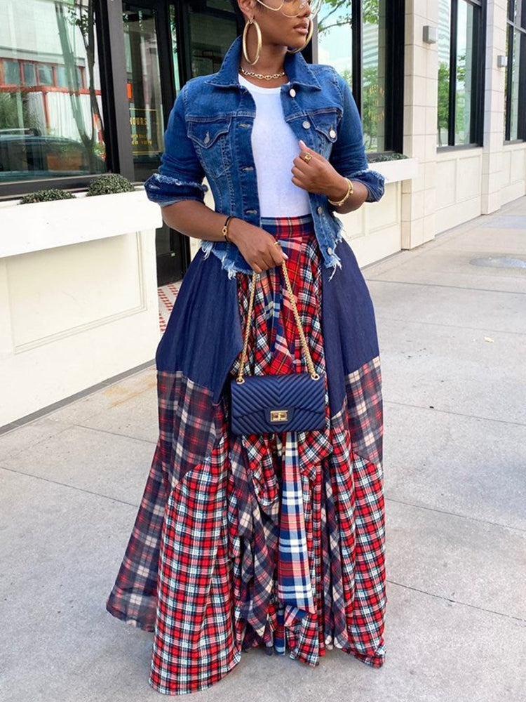 Splicing Print Plaid Loose Skirt