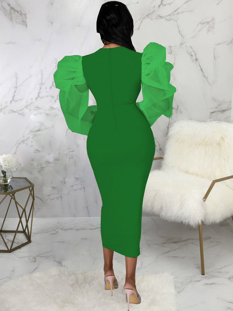 Puff Mesh Sleeve Midi Dresses