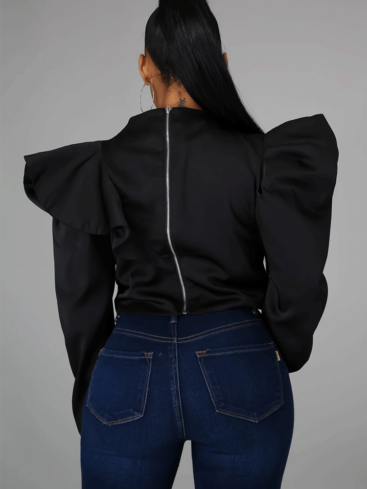 Irregular Zipper Ruffle Sleeve Top