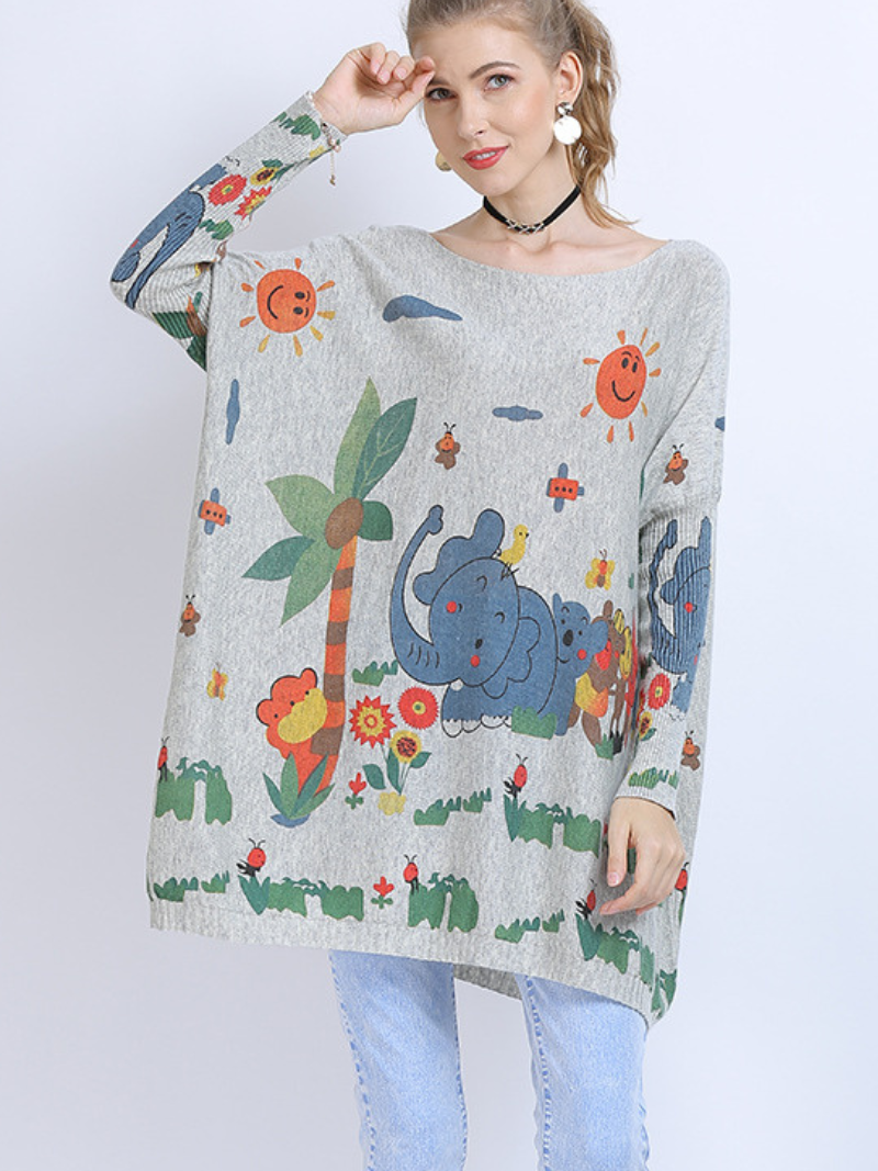 womenn's midi length elephant print pullover sweater spot top