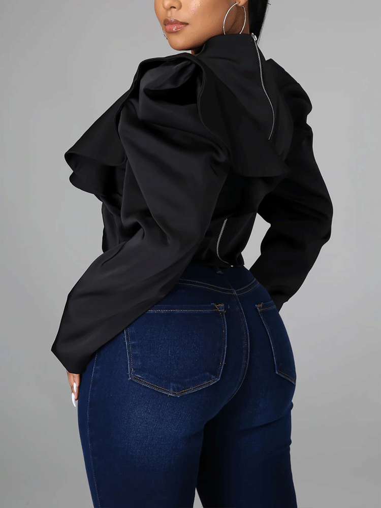 Irregular Zipper Ruffle Sleeve Top