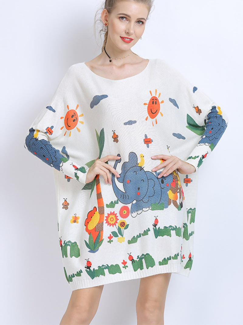 womenn's midi length elephant print pullover sweater spot top