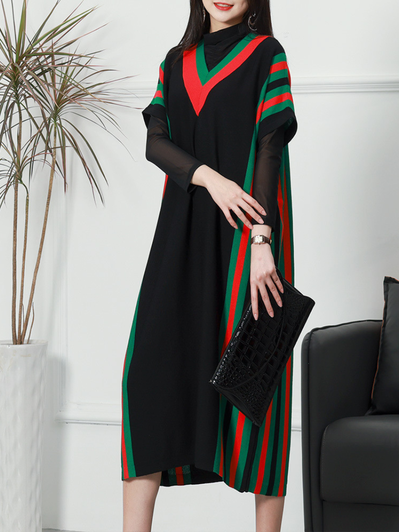 Women's Summer New Stylish Striped Long Bat Sleeve Knitted Midi-Dresses