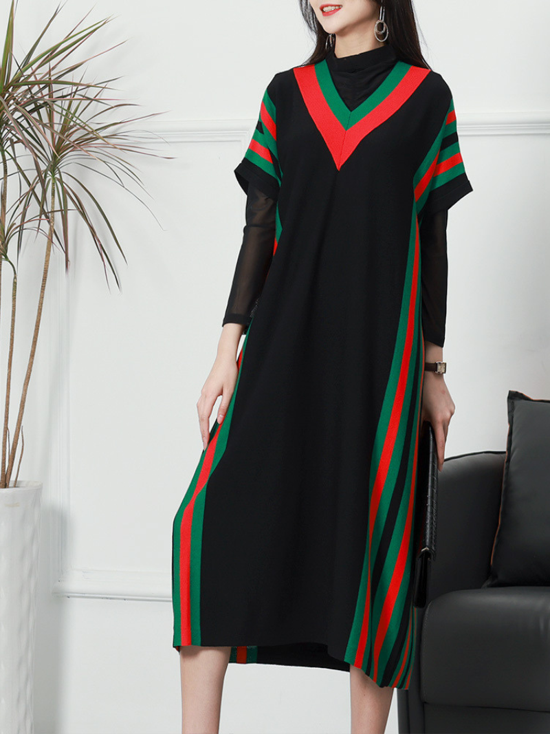 Women's Summer New Stylish Striped Long Bat Sleeve Knitted Midi-Dresses