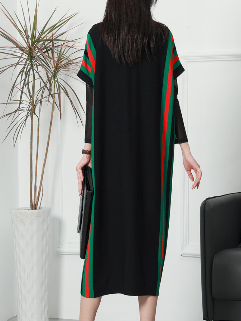 Women's Summer New Stylish Striped Long Bat Sleeve Knitted Midi-Dresses