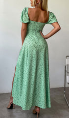 GREEN VINTAGE FLORAL PUFF SLEEVE MIDI DRESS