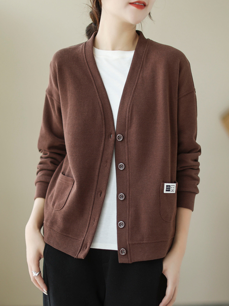 Women's V-Neck Long-Sleeved Sweater Top Loose Solid Color Cardigan Button Sweater Jacket