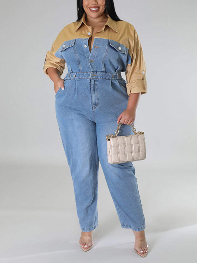 Denim Patchwork Color Block Jumpsuit