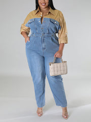 Denim Patchwork Color Block Jumpsuit
