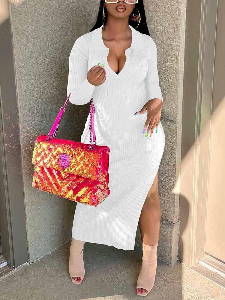 Ribbed Slit Bodycon Midi Dresses